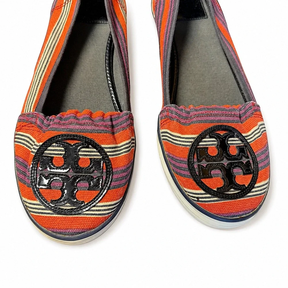 Tory Burch Striped Canvas Logo Medallion Slip On Flats Orange Multi Size 7